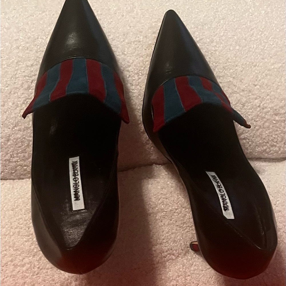 Manolo Blahnik Black Heels with Red and Blue Stripes